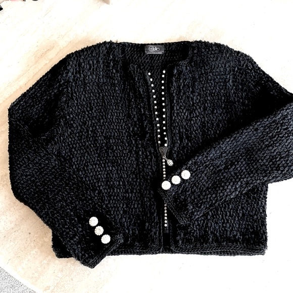 ESTELLE GLACER black artisan chenille cardigan rhinestone embellishments. L - Picture 7 of 17